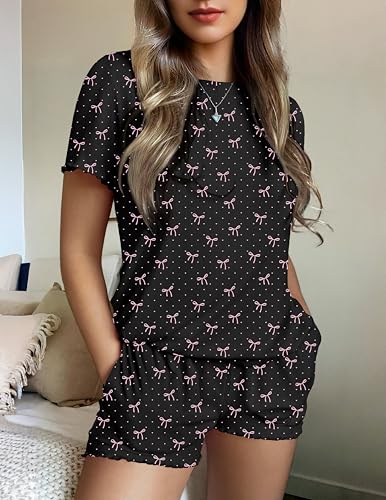 Ekouaer Womens Pajamas 2 Piece Ribbed Knit Pjs Short Sleeve Lounge Sets - color: Black Bow Tie, size: Medium