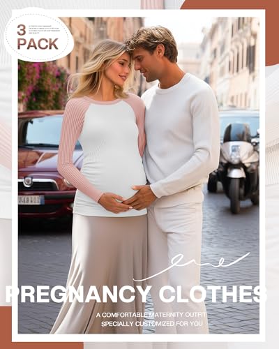 Neer 3 Pack Maternity Long Sleeve Shirts Ribbed Pregnancy Tops - color: Light Heather Gray, Blue, Pink, size: X-Large