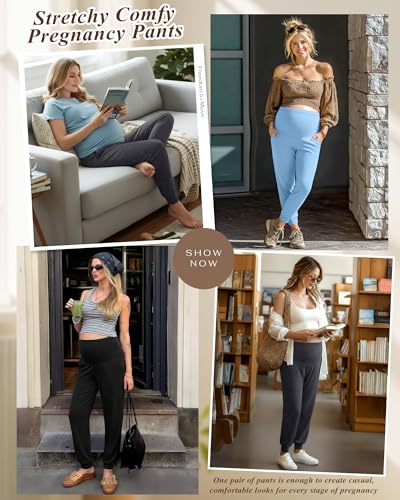 3 Pack Women's Maternity Pants Pregnancy Joggers - color: Light Blue, Dark Heather Gray, Black, size: XX-Large