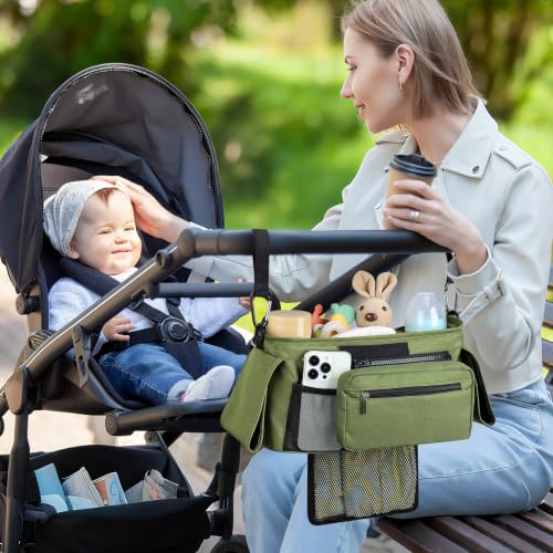 Accmor Universal Stroller Organizer with Insulated Cup Holder - color: All Green/Detachable Diaper Pocket