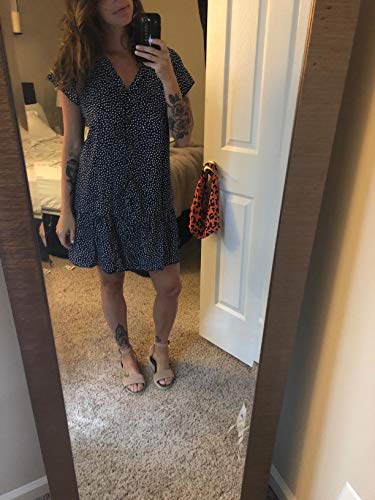 Imysty Womens Summer Polka Dot V Neck Button Down Loose Mini Dress - color: Navy Blue, size: X-Large