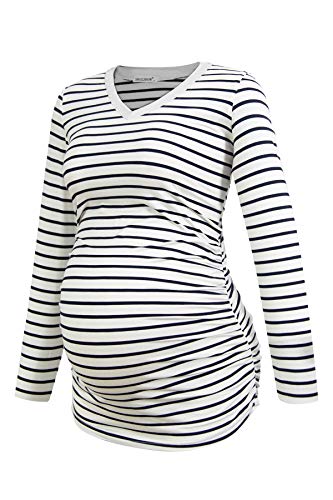 Smallshow Women's V-Neck Maternity Shirt Clothes Long Sleeve Ruched Pregnancy Top - color: Army Green-wine-white Stripe(3 Pack), size: Large