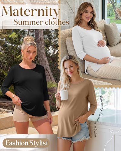 3 Pack Women's 3/4 Sleeve Maternity Loose Crewneck Tops - color: White, Khaki, Black, size: Small