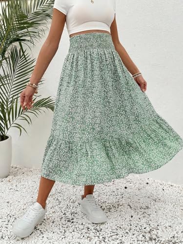 OYOANGLE Women's Maternity Skirt Boho Floral Midi Skirt Pregnancy Skirt - color: Light Green, size: Medium