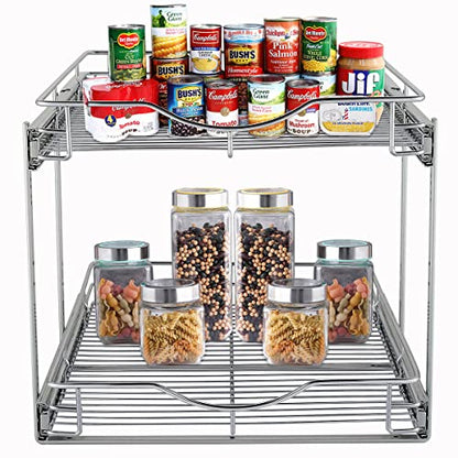 DINDON 2 Tier Pull Out Cabinet Organizer (14" W X 18" D), Double Tier Wire Basket Slide Out Shelf Storage for Kitchen Base Cabinet Organization for Kitchen, Pantry, Bathroom, Chrome - size: 14" W X 18" D