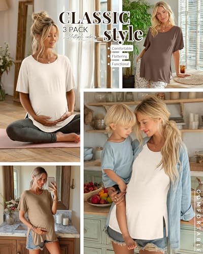Riyiper 3 Pack Women's Maternity Tunic Cotton Shirts - color: Cream, Khaki, Coffee, size: Medium