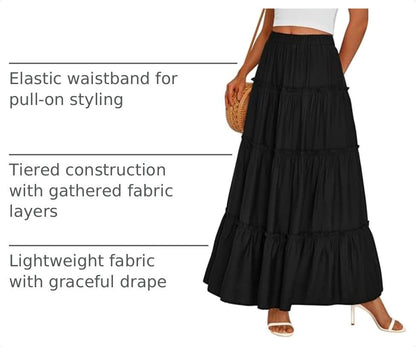 PRETTYGARDEN Women's Boho Tiered Ruffle Flowy Maxi Skirt - color: Black, size: Large