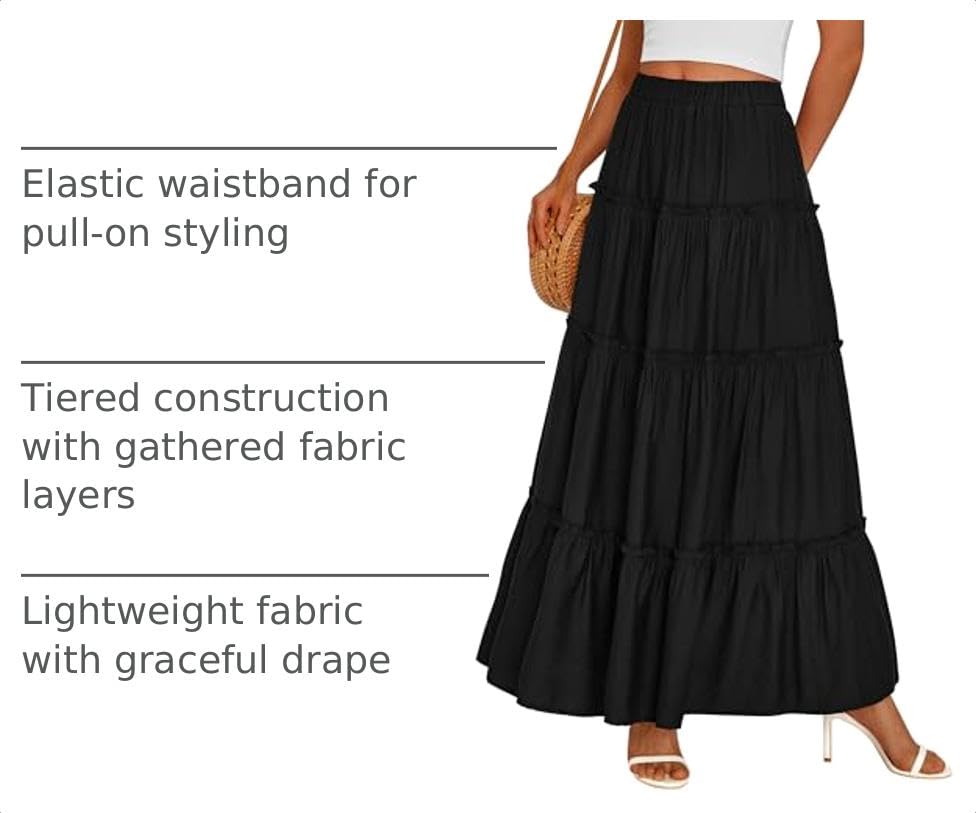 PRETTYGARDEN Women's Boho Tiered Ruffle Flowy Maxi Skirt - color: Black, size: Small