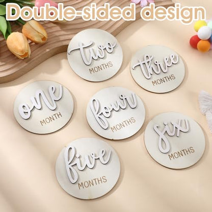 6 PCS Baby Monthly Milestone Cards Double Sided Wooden 3D Milestone - color: White