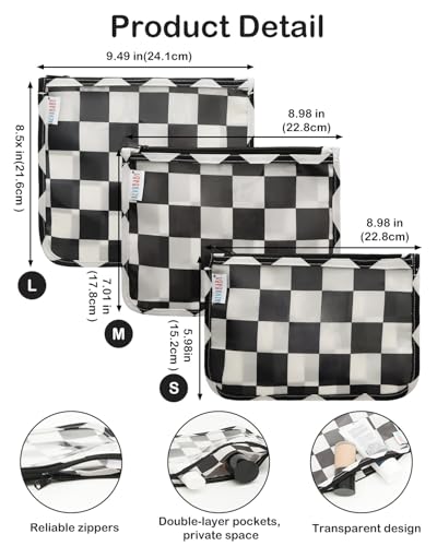 ALVA 3pcs Mess-Proof Travel Pouches,TSA Approved Toiletry Bag,Makeup Bag - color: Black grid