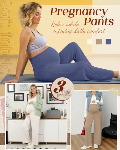 3 Pack Women's Maternity Lounge Pants Soft Sweatpants - color: Cream, Khaki, Haze Blue, size: Small