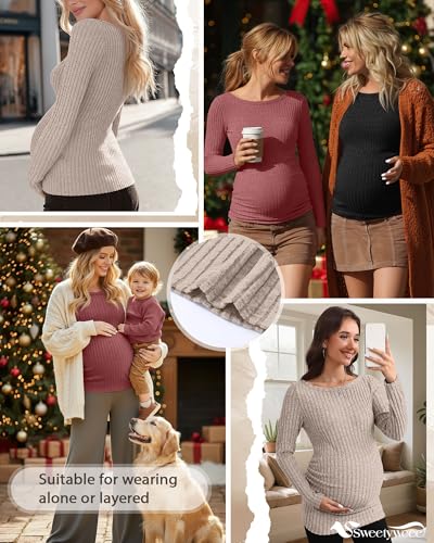 3 Pack Maternity Sweaters Long Sleeve Pregnancy Tops - color: Light Brown, Brick Red, Black, size: Small