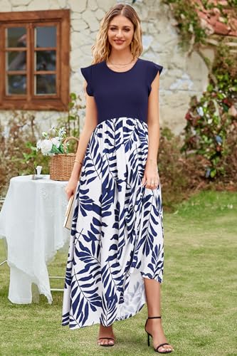 OUGES Women's Ruffle Sleeve Patchwork Maternity Maxi Dress with Pockets - color: Blue Leaf Print, size: X-Large