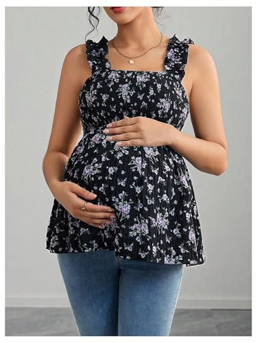 SweatyRocks Women's Maternity Tank Tops Floral Babydoll Blouse Shirts Top - color: Black, size: Medium