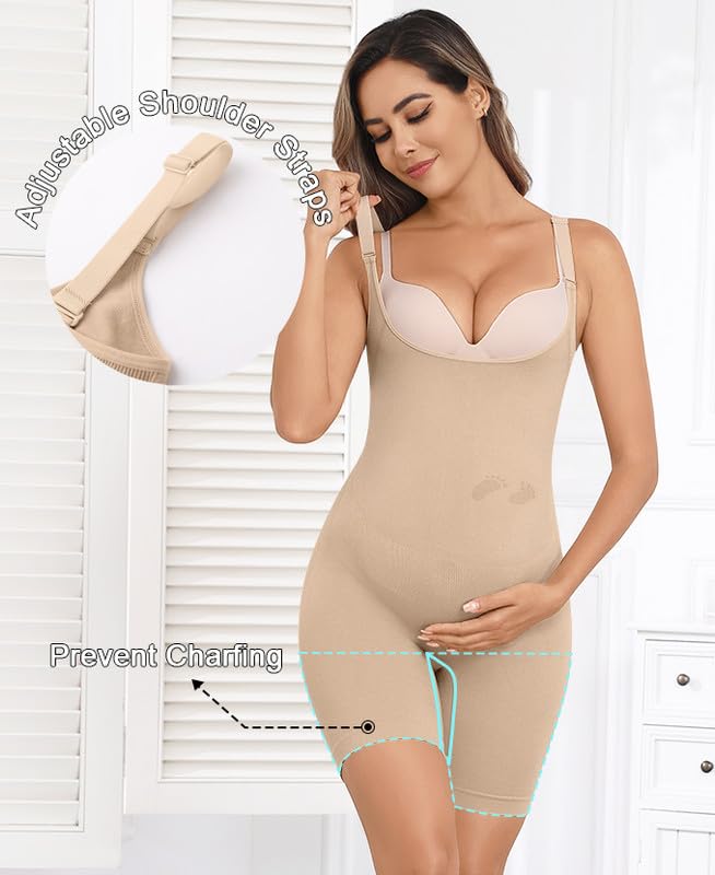 Women's Maternity Bodysuit Seamless Pregnancy Shapewear Shorts Under Dresses Belly Support 1*BLACK+1*NUDE Medium