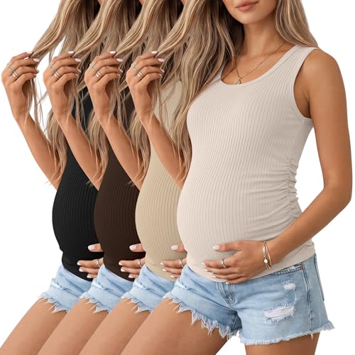 Ficerd 4 Pack Women's Maternity Tank Cotton Tops - color: Black, Coffee, Khaki, Apricot, size: X-Large