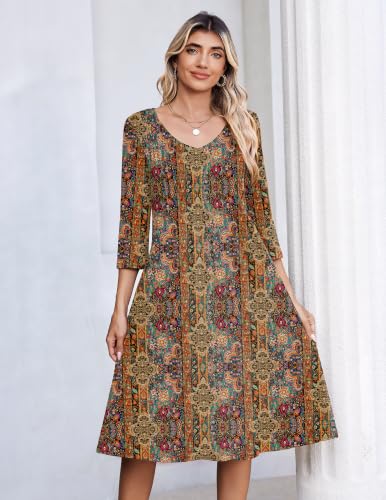Zeagoo 3/4 Sleeve Women's Dress Pleated Midi Casual Dresses with Pockets - color: Ethnic Prints, size: Medium