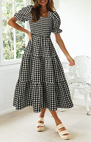 ZESICA Women's Summer Boho Gingham Puff Sleeve Square Neck Beach Midi Dress - color: Black, size: Large