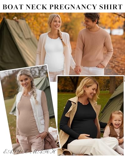 3 Pack Women's Maternity Cotton Shirts Long Sleeve - color: Khaki, White, Black, size: Large