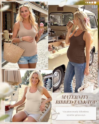 Ficerd 3 Pack Women's Maternity Ribbed Tank Tops - color: Apricot, Khaki, Brown, size: Medium