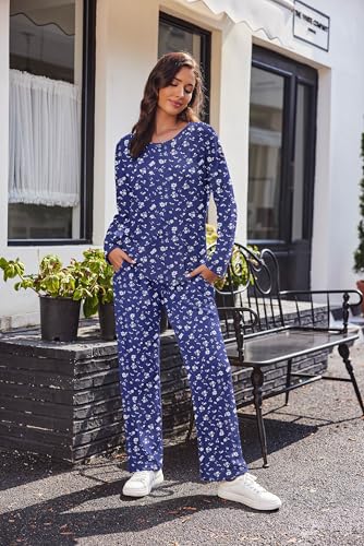 Ekouaer Waffle Knit Pajama Sets Comfy Lounge Sets 2 Piece Matching Pj Sets - color: Blue Floral Print, size: Small