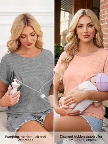 Ecavus 3 Pack Women's Nursing Shirts for Breastfeeding with Hidden Zipper - color: Black+grey+pink, size: XX-Large