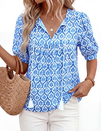 PRETTYGARDEN Womens Summer Boho Blouses Dressy Casual - color: Floral Blue, size: Medium