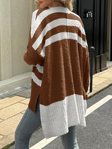 Saodimallsu Womens Oversized Striped Cardigan Fuzzy Knit Fall Sweaters - color: Coffee, size: Medium