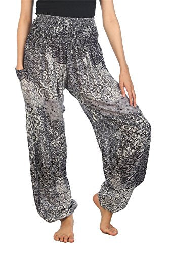 LOFBAZ Harem Boho Pants for Women Yoga S-4XL Plus Hippie Clothing PJ - color: Peacock 1 Black B, size: 3X-Large Plus