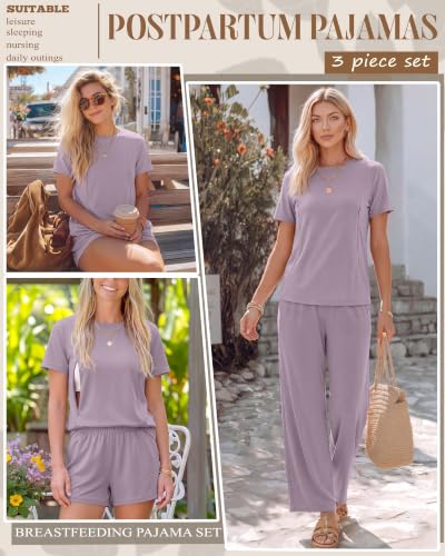 3 Piece Postpartum Nursing Pajamas Set Nursing Lounge Set - color: Light Purple, size: Large