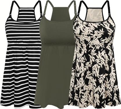 SUIEK 3-Pack Cotton Maternity Nursing Tank Tops Breastfeeding Cami Shirts - color: A-leaf+army Green+white Black Stripe - Fourth Style, size: Medium