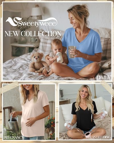 3 Pack Women's Nursing Tops Breastfeeding Shirts - color: Black, Cream, Blue, size: Small