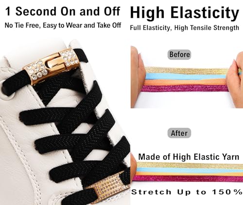 Elastic No Tie Shoe Laces with Bling Diamond Locks & Charms for Women's Sneakers - color: 02 Black- Gold