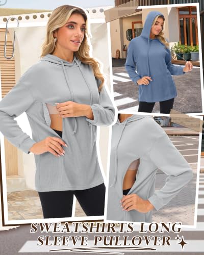 Ficerd 2 Pack Women's Nursing Waffle Hoodies Breastfeeding Tops - color: Light Gray, Haze Blue, size: Small