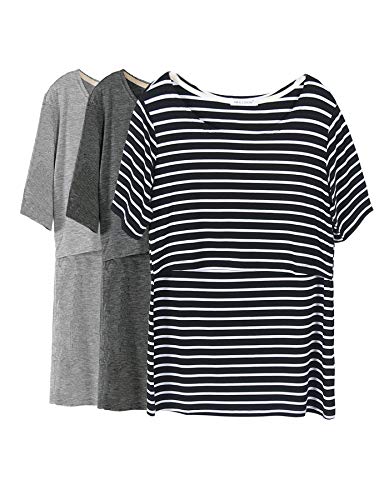 Smallshow Women's Maternity Nursing Tops Short Sleeve Breastfeeding Clothes - color: Black Stripe/Dim Grey/Light Grey(3 Pack), size: Large