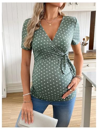 MakeMeChic Women's Maternity Polka Dots Wrap Tops V Neck Short Sleeve Business Casual Wrok Tops - size: Large
