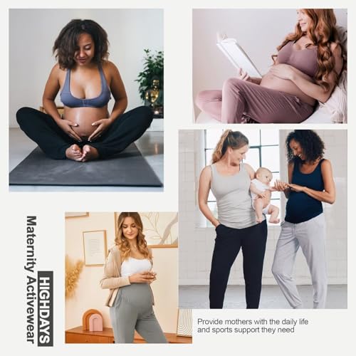 HIGHDAYS Maternity Pants with Pockets, Over Belly Thick Pregnancy Leggings - color: Light Gray, size: Small