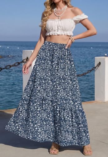 GRECERELLE Women's Maxi Skirt High Waist Tiered A-Line with Pockets - color: Blue White Flower, size: Medium
