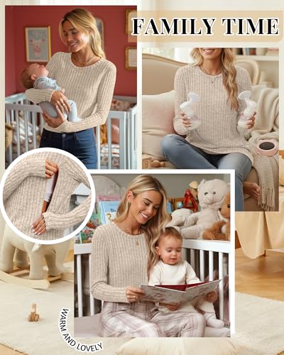 Womens Maternity Nursing Breastfeeding Ribbed Shirt - color: Apricot, size: Medium