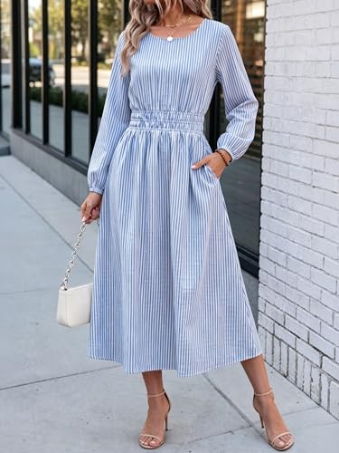 ANRABESS Women's Long Sleeve Striped Fall Midi Dress with Pockets - color: Blue White Stripe, size: Medium