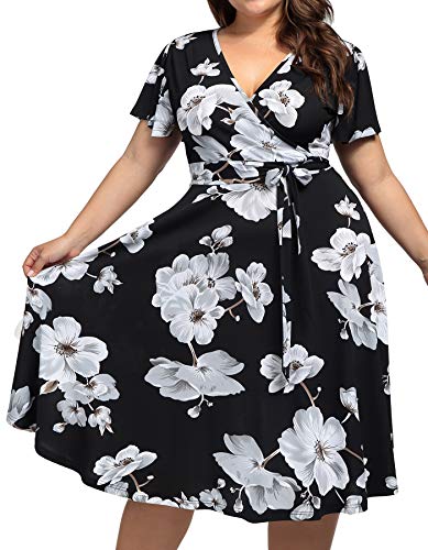kissmay Plus Size Womens V Neck Floral Cocktail Party Midi Dresses - color: Black/White, size: 18 Plus