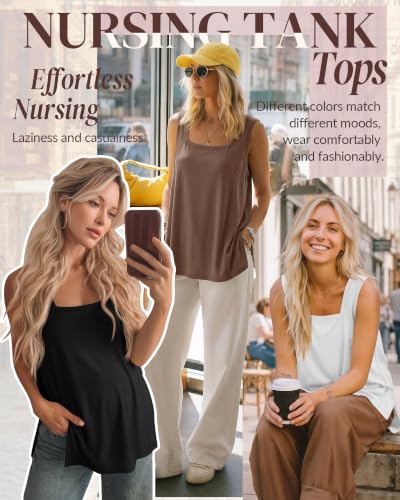 3 Pack Women's Nursing Tank Shirts - color: Coffee, White, Black, size: Medium