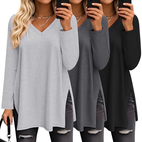 Huukeay 3 Pack Women's Oversized Long Sleeve V Neck Shirts - color: Black, Heather Gray, Gray, size: X-Large