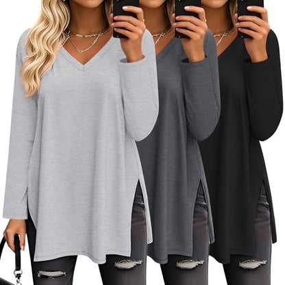 Huukeay 3 Pack Women's Oversized Long Sleeve V Neck Shirts - color: Black, Heather Gray, Gray, size: Large