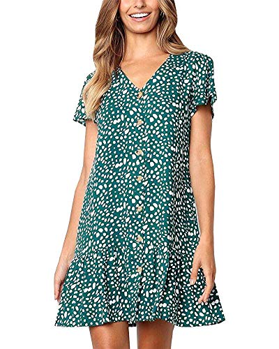 Imysty Womens Summer Polka Dot V Neck Button Down Loose Mini Dress - color: Green, size: Medium