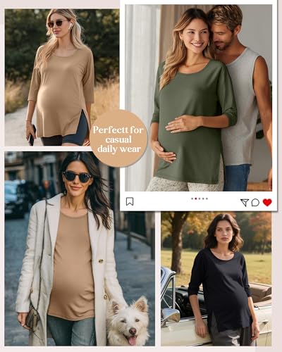 3 Pack Women's 3/4 Sleeve Maternity Loose Crewneck Tops - color: Khaki, Army Green, Black, size: X-Large