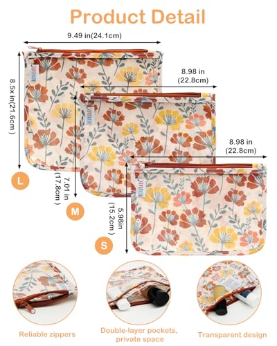 ALVA 3pcs Mess-Proof Travel Pouches,TSA Approved Toiletry Bag,Makeup Bag - color: Flower