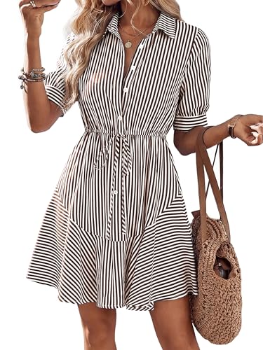 MASCOMODA Womens Striped Mini Summer Dress Button Work Dresses - color: Striped Brown, size: Small