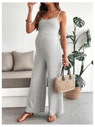 MakeMeChic Women's Maternity Cami Jumpsuit Ribbed Pregnancy Overalls Romper - color: Grey, size: Large