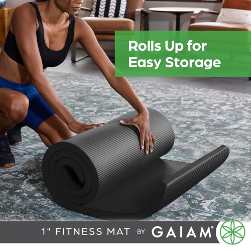 Gaiam Thick Yoga Mat, Exercise & Fitness Mat with Easy-Cinch Carrying Strap - color: Black, size: 1"